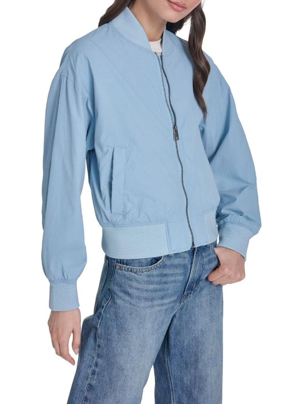 Women's Blue Nylon Band Collar Front Zipper Rib Knit Breathable Bomber Jacket